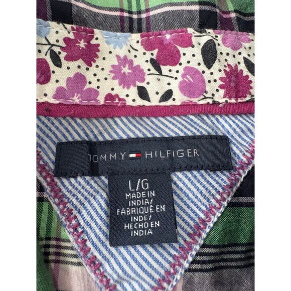 Tommy Hilfiger plaid button up long sleeve yellow teal pink blouse womens size L - Picture 8 of 8